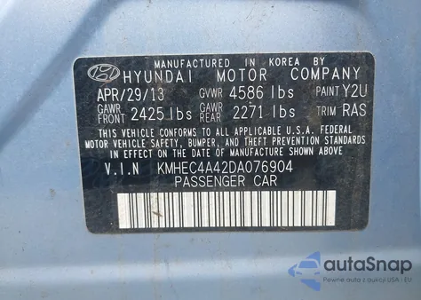 2013 Hyundai Sonata Hybrid из США, поврежденный, VIN KMHEC4A42DA076904